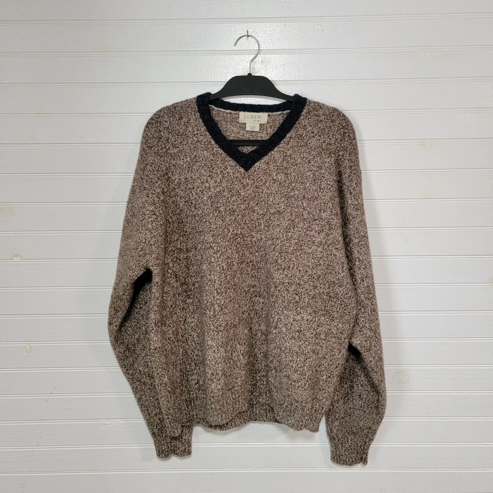 J Crew Mens XL Tall Shetland Wool V-Neck Sweater Brown Pullover Varsity Stripe